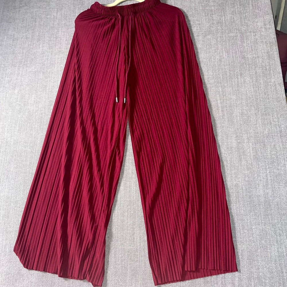 Womens Pants 2 Red Stretch Crinkle Wide leg Elastic Waist Drawstring Comfort